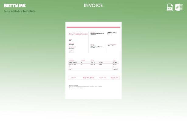 Шаблон за фактура за услуги за чистење на САД Arya во модерен стил